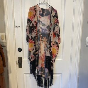 Floral Fringe Swim Coverup Kimono in Multi-Color